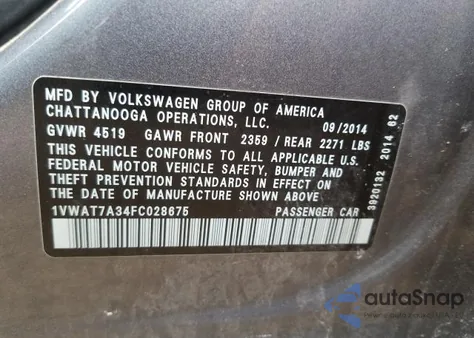 2015 Volkswagen Passat S from USA, damaged, VIN 1VWAT7A34FC028675